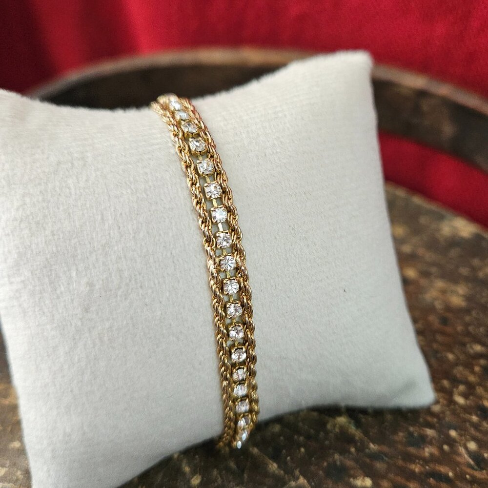 Vintage 1960s Gold Tone Rhinestone Bracelet | Marked KOREA | Mid Century Glam